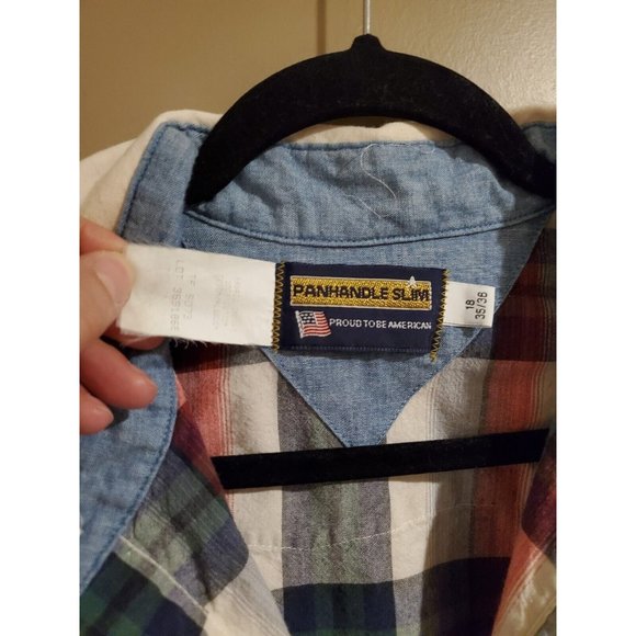 Men's Vtg Panhandle Slim 100% Cotton Multicolor Plaid Pearl Snap Long Sleeve 18 - Picture 2 of 5